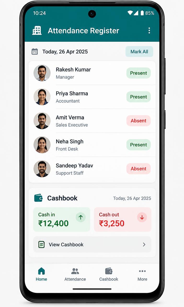 Attendance Register app showing staff attendance and cashbook